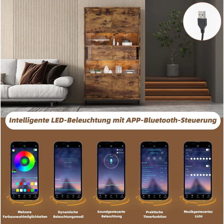 DESVIAE Vitrine mit LED-Beleuchtung, 2 Schubladen, 80x138x40 cm, MDF, Schwarz/Holzmaserung – Bild 6