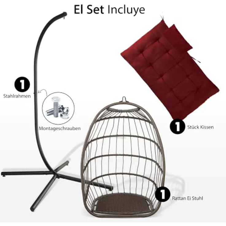SereneLife Hängesessel mit Gestell Outdoor 250 kg – Wetterfest mit Kissen faltbar für Garten Balkon Indoor Relaxsessel Rot – Bild 7
