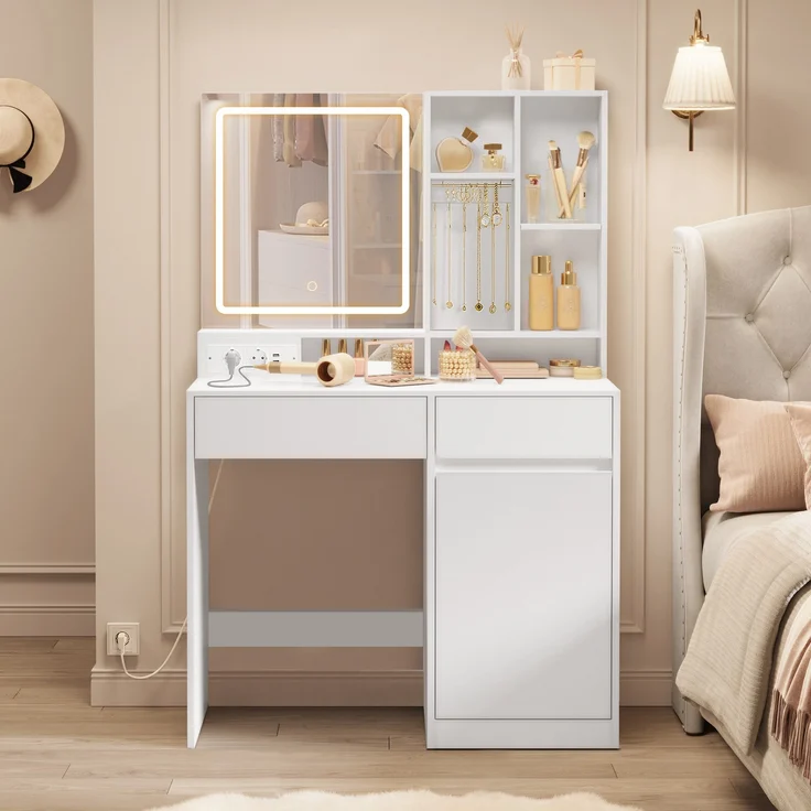 VASAGLE Schminktisch mit LED-Beleuchtung, Steckdosenleiste, Frisiertisch mit Schubladen, 90 cm breit, verstellbaren Ablagen, Schmuckaufbewahrung, für Schlafzimmer, wolkenweiß RDT134W01 – Bild 1