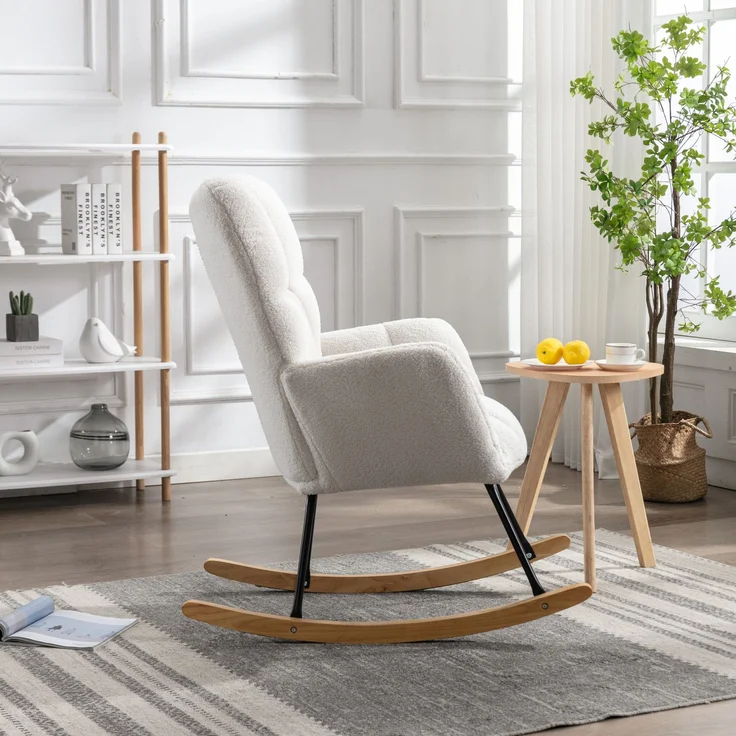 Teddy Weiß Schaukelstuhl mit Holzrahmen und Metallbasis, ergonomisch gepolstert, leises Design für Wohnzimmer & Schlafzimmer – Bild 3