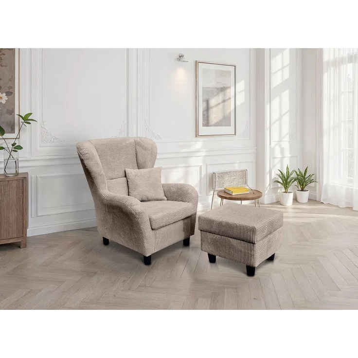 Ohrensessel mit Hocker Landhausstil Polster-TV-Lesesessel Cordstoff Taupe – Bild 2