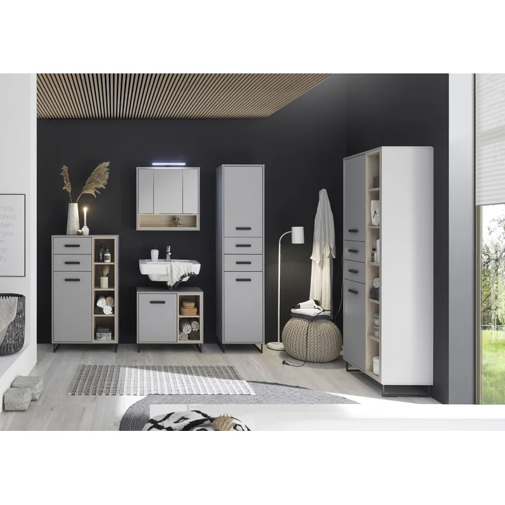 Hochschrank >Tunis< 2 Türen, 2 Schübe, grau matt / sonoma eiche - 65x185x38cm (BxHxT) – Bild 5