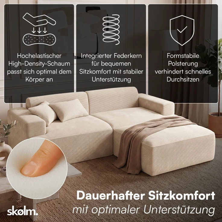 skølm 'Freki' Cloud Sofa 2 Sitzer mit Hocker, Vollschaumcouch mit Federkern und Vakuum-Kompression, kein Aufbau erforderlich, mit 2 Kissen, Cord beige – Bild 2