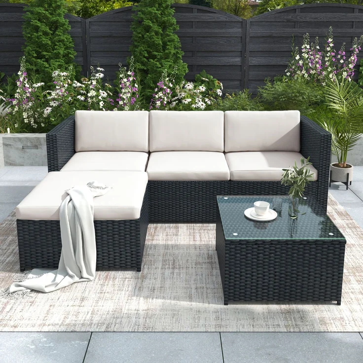 Merax Polyrattan Gartenmöbel Set (2-tlg), Balkonmöbel Set Kleiner Balkon Loungeset, Terassenmöbel Wetterfest mit Sofa, Tisch, Hocker und Kissen, Schwarz – Bild 3