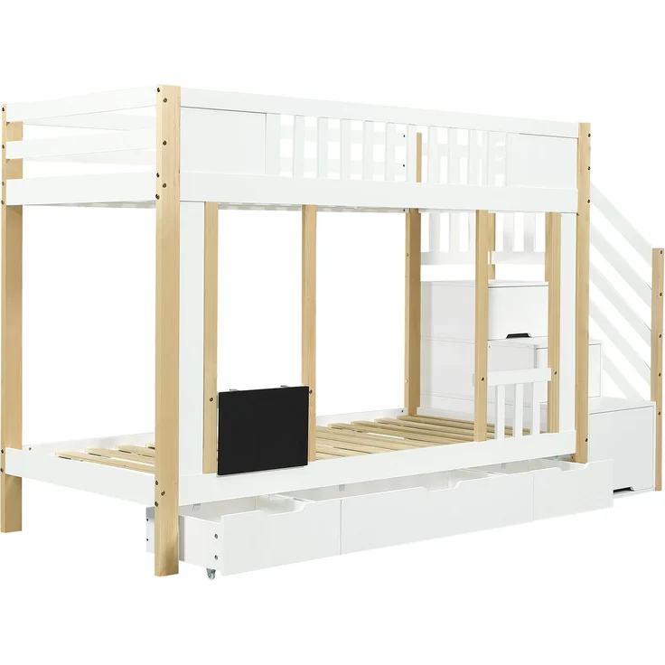 Etagenbett 90×200 cm platzsparendes Kinderbett mit Treppenschrank & 3 Schubladen auf Rollen,kleine Kritzeltafel,Weiß & Natur – Bild 10
