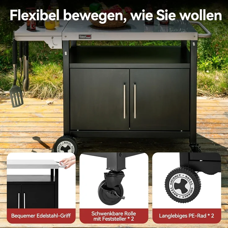 Royal Gourmet Grillwagen mit Klappbarem Seitentisch Grilltisch mit Handtuchgriff, Unterschrank, Grill Trolley mit Edelstahl Tischplatte, Servierwagen mit Rollen – Bild 6