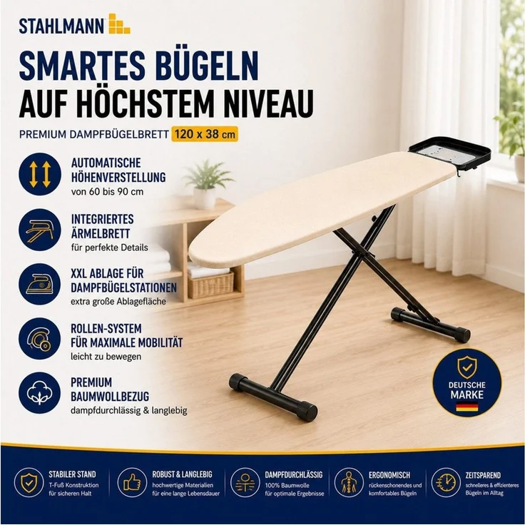 STAHLMANN Bügelbrett Scorpio Oval [120 × 38 cm], Made in EU, TestCheck 1,1, Mesh, Bügelfläche 120x45 cm, Made in EU · Oval · TestCheck 1,1 SEHR GUT – Bild 3