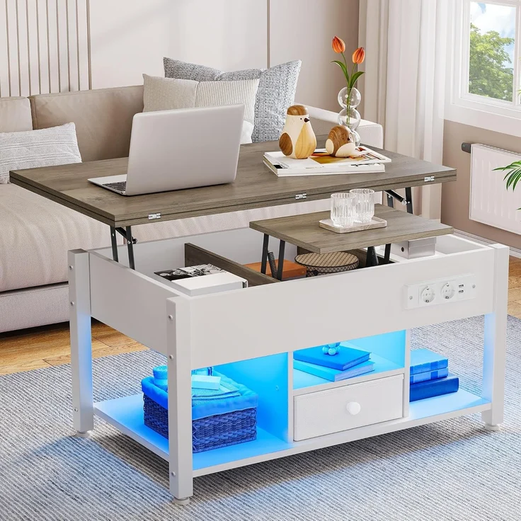 YITAHOME Couchtisch mit Höhenverstellbarer, 4-in-1-Multifunktions-Couchtisch mit Stauraum und LED Beleuchtung, Couchtisch lässt Sich in einen Esstisch für das Wohnzimmer umwandeln, Weiß&Grau – Bild 7