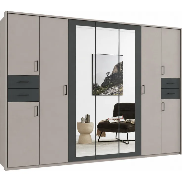 Drehtürenschrank Kleiderschrank 313cm Passepartout Spiegel Sand Grau mit Grafit