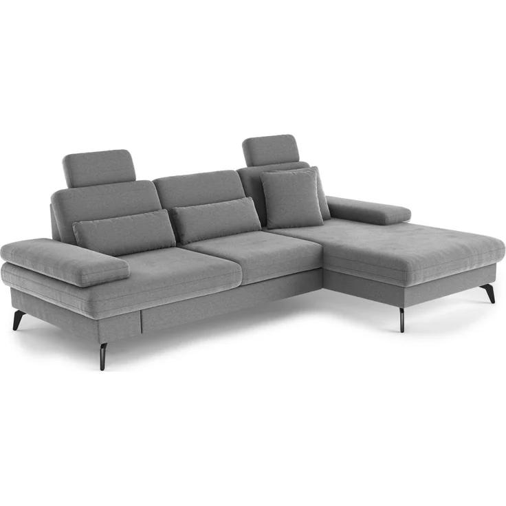 Cavadore Ecksofa Moritz / Eckcouch mit Longchair, Bett, Bettkasten, Sitztiefenverstellung, Kopfstützen und mattschwarzen Metallfüßen / 275 x 82-107 x 171 / Mikrofaser, Mittelgrau