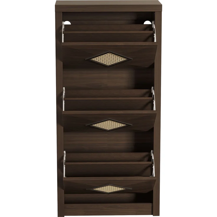 Schuhschrank, Holzoptik mit Rattan-Dekor & 3 Klappfächern, 54x25x115 cm, Walnussfarbe – Bild 6