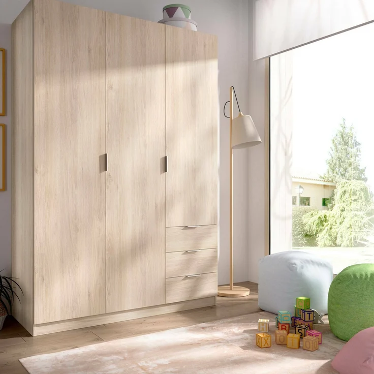 Dmora Kleiderschrank 3 Türen Astru, Kleiderbügel für Schlafzimmer, 3-Schubladen-Kleiderschrank, 121x52h184 cm, Eiche – Bild 2