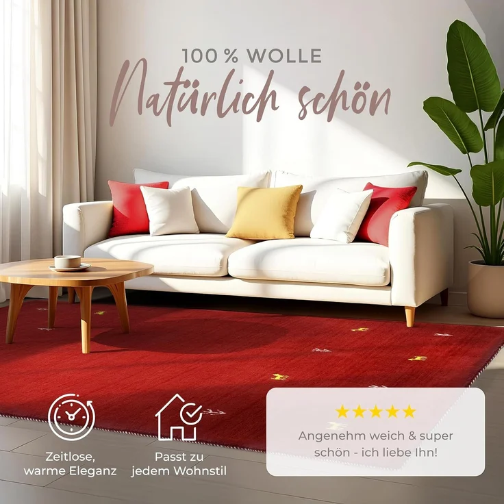 carpetfine 'Gabbeh Uni' Wollteppich, reine Wolle, Rot, 200x290 cm – Bild 2