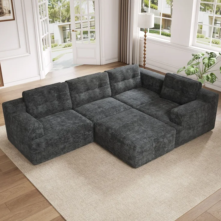 Ecksofa 252 x 180 x 82 cm in Grau, modulares 5-Sitzer-Sofa aus Chenille mit Hocker und rahmenlosem Vollschaumkomfort