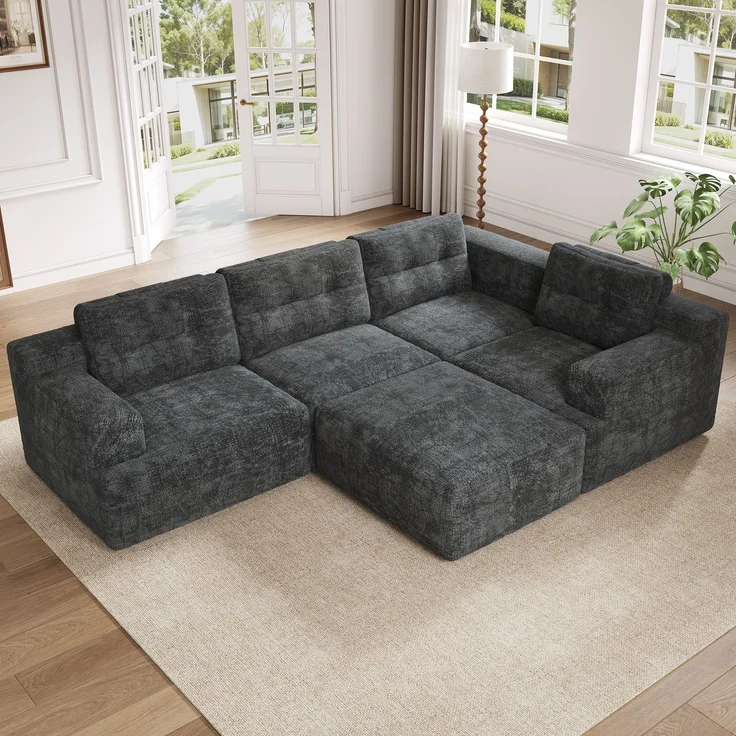 Ecksofa 252 x 180 x 82 cm in Grau, modulares 5-Sitzer-Sofa aus Chenille mit Hocker und rahmenlosem Vollschaumkomfort – Bild 1