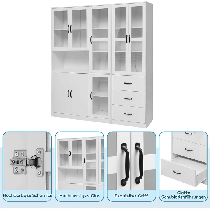Vitrinen-Set 180x40x200 cm, weiß, mit LED, 8 Türen und 3 Schubladen – Bild 10
