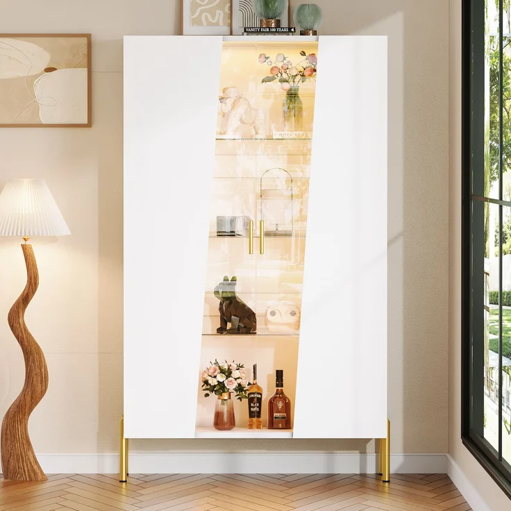 LED-Beleuchteter Glasschrank 72 x 40 x 145 cm, mit asymmetrischer gehärteter Glastür, 3 Glasböden, Metallgriff und Metallfüßen, als Vitrine, Esszimmerschrank, Bücherregal--Weiß--72x40x145cm--YOUDENOVA – Bild 2