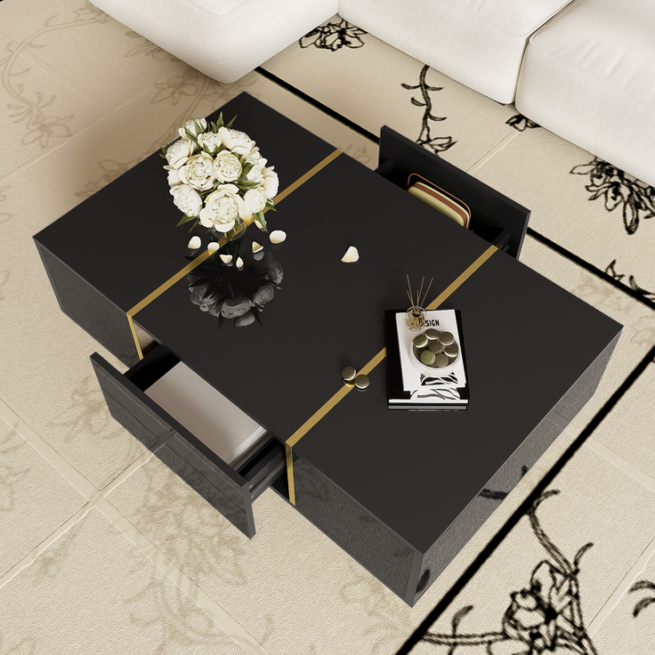 Couchtisch Schwarz Hochglanz mit Gold Akzenten,Sofatisch mit 2 Schubladen Stauraum – Bild 2