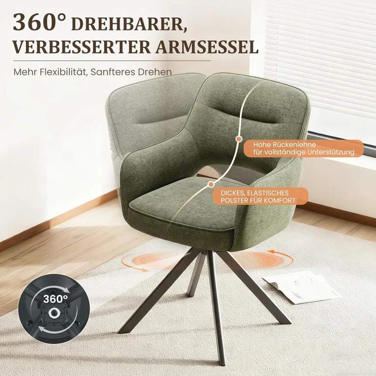 COLAMY Drehbare Esszimmerstühle 6er Set mit Armlehnen, Drehbare Polsterstühle für Küche & Esszimmer aus weichem Florstoff mit Metallgestell und Rückenlehne, für Esszimmer, Küche, Büro,Grün – Bild 6