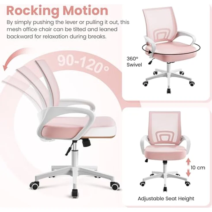 Yaheetech Bürostuhl Ergonomisch, Schreibtischstuhl mit Netzbespannung und Armlehnen, Drehstuhl aus Mesh, Chefsessel Wippfunktion, Höhenverstellbar Rückenschonend bis 136kg Belastbar, Rosa – Bild 8