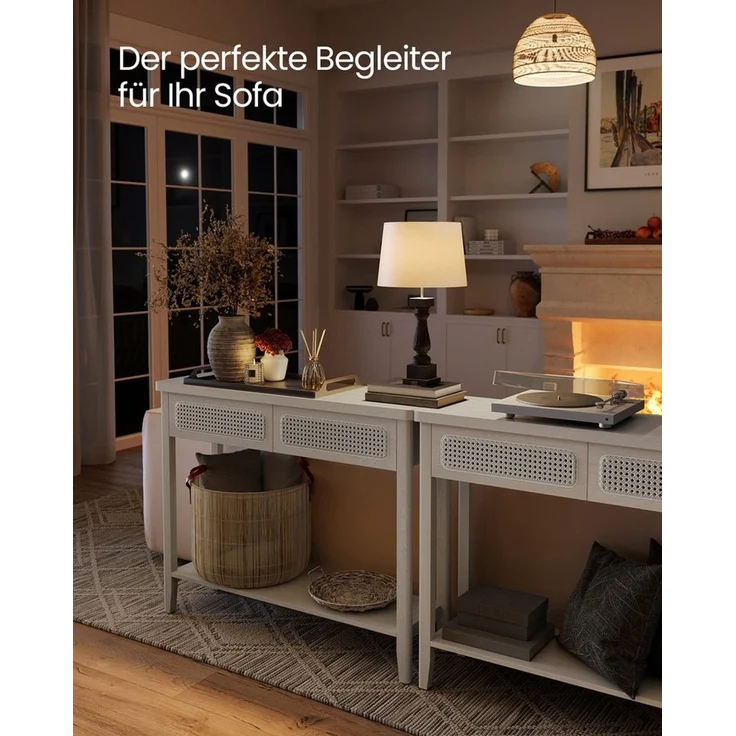 Vasagle Konsolentisch, Flurtisch, Flur Möbel, schmaler Sofatisch für Wohnzimmer, mit 2 Schubladen, offene Ablage, abgerundete Ecken, Boho-Stil, haferflockenbeige LNTDE016K66 – Bild 2