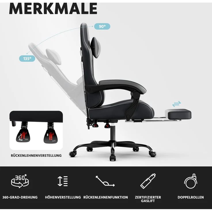 Gamingstuhl mit ergonomischer Form, verstellbarer Rückenlehne & Fußstütze, 58,5x63x120,5 cm, Schwarz/Grau – Bild 4