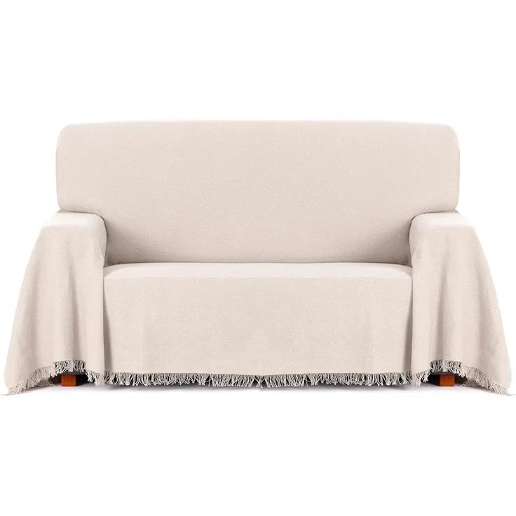 ECOMMERC3 | Mehrzweck-Überwurf aus Jacquard-Stoff mit Fransen, Größe 180x260 cm, ideal für Sofa und Bett, atmungsaktiv und weich, Ecru