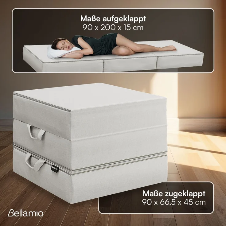 Bellamio 'Lomme' Klappmatratze 90x200 cm, 3-fach faltbar, Höhe 15 cm, Härtegrad H3, Gästematratze mit Tragegriffen, hellgrau, abnehmbarer Bezug – Bild 5