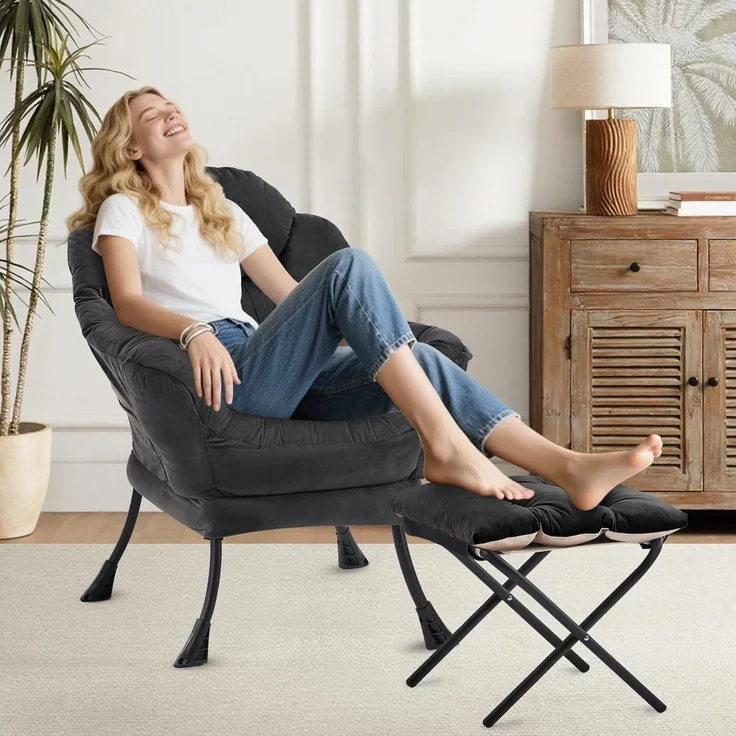 Sessel Lazy Chair Ottomane Ohrensessel Lesesessel Fußhocker Schwarz – Bild 6