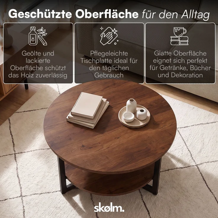 skølm 'Drakkar' Couchtisch rund, Massivholz Eiche, lackiert, Walnussoptik, Wohnzimmertisch Ø70 cm mit Metallgestell, Beistelltisch für Wohnzimmer mit Ablage – Bild 4