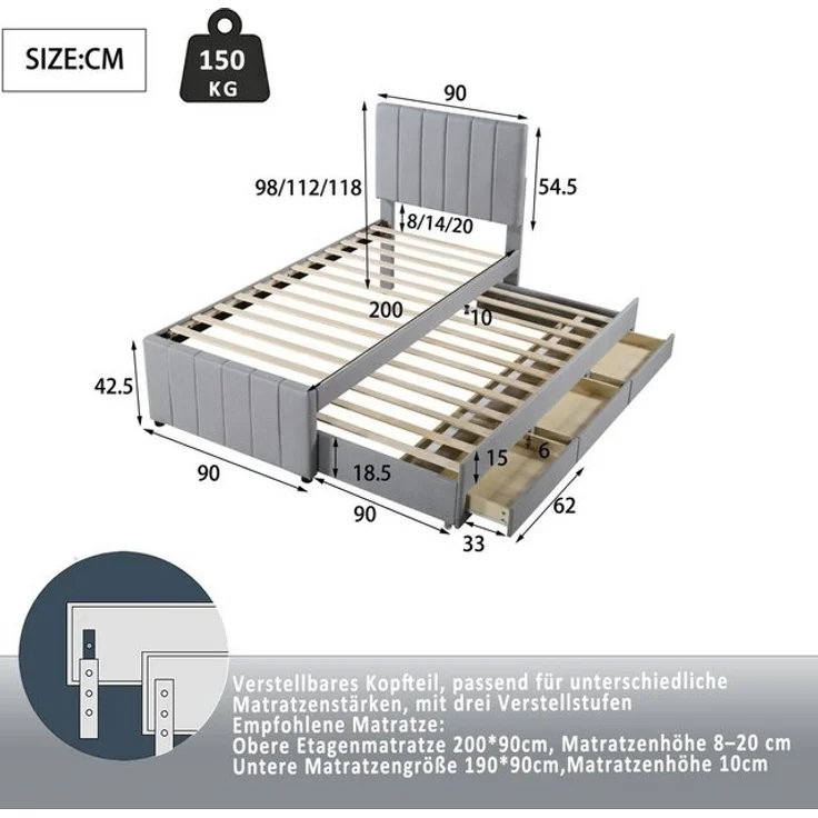 Flieks Polsterbett, Einzelbett 90x200cm mit 3 Schubladen und Ausziehbett 90x190cm – Bild 4