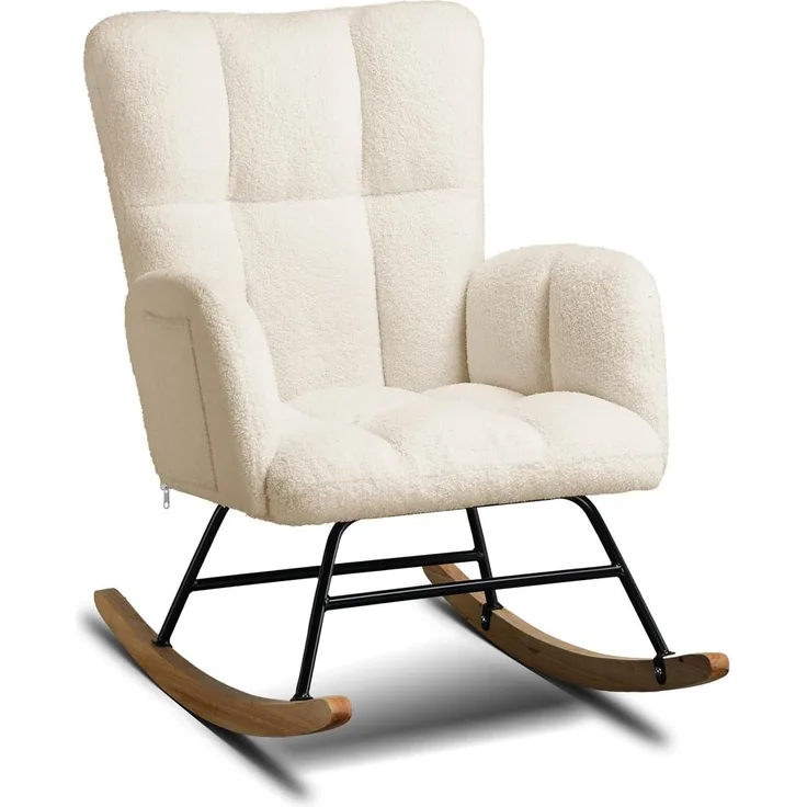 COMHOMA Schaukelstuhl mit Hocker, Relaxsessel mit Armlehnen, Ohrensessel aus Teddy-Plüsch Schaukelsessel, bis 150 kg belastbar, sonnenliege gartenliege für Schlafzimmer, Wohnzimmer,Beige