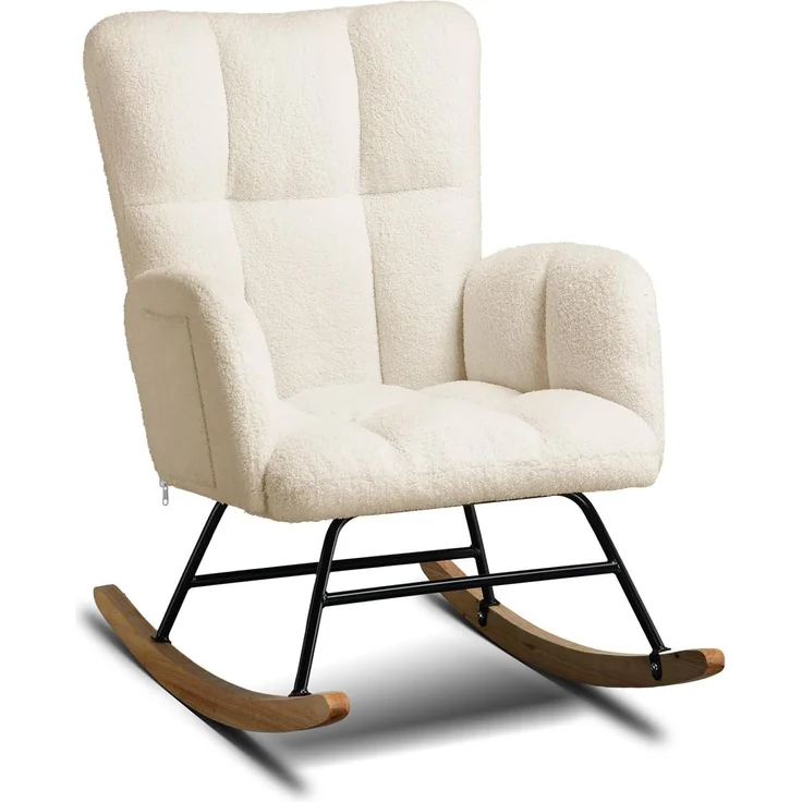 COMHOMA Schaukelstuhl mit Hocker, Relaxsessel mit Armlehnen, Ohrensessel aus Teddy-Plüsch Schaukelsessel, bis 150 kg belastbar, sonnenliege gartenliege für Schlafzimmer, Wohnzimmer,Beige – Bild 1