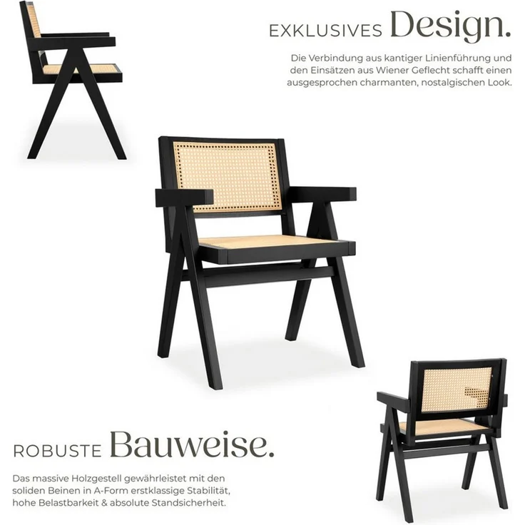 tectake Esszimmerstuhl Armlehnstuhl im Boho-Stil, 59 x 56,5 x 82,5 cm, Belastbarkeit 120 kg (Sessel Lissy in schwarz, 4 St), große Rückenlehne und Sitzfläche mit Wiener Geflecht, Holzgestell – Bild 3