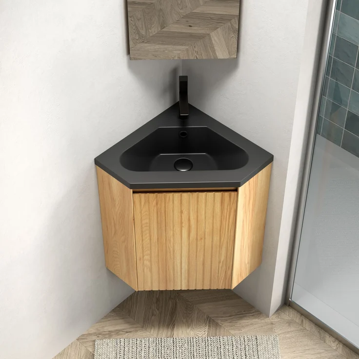 Eckwaschtisch H 52.4 x T 54.5 x B 38.5 cm mit Harzbecken und Holzunterschrank – Bild 3