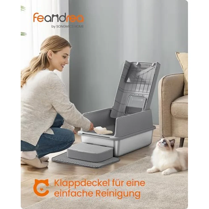 Feandrea Katzenklo Edelstahl, mit Deckel, Schaufel, Katzenstreumatte | Katzentoilette, mit 2 Eingängen, für Katzen bis 15 kg, Schiefergrau, BOXAL Kollektion PPT007GN01 – Bild 2