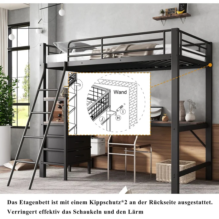 Hochbett mit Rausfallschutz, Lattenrost, Regal und Schreibtisch, 90x200 cm, Metallbett, Kinderbett, Jugendbett – Bild 6