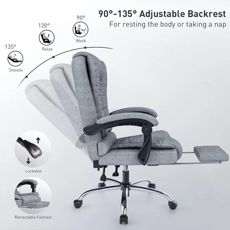 Botifly Chefsessel mit Fußstütze, Stoff, Grau, 90°-135° Relaxfunktion, 130 kg, mit verstellbarer Rückenlehne, 54 x 32.5 x 70 cm – Bild 4