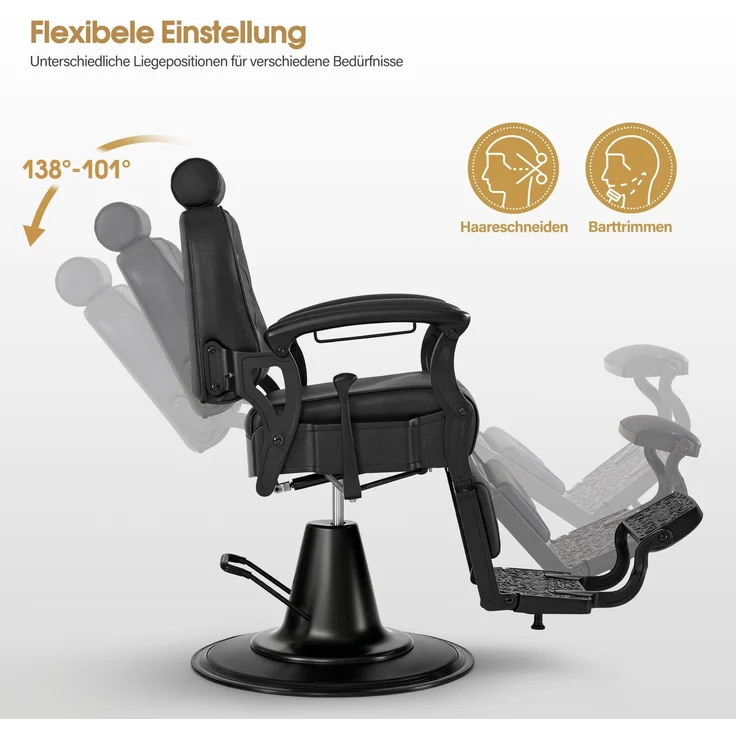 Barberpub Friseurstuhl mit Kopfstütze Kippbar, Friseureinrichtung mit Hydraulikpumpe 360° Drehbar, Höhenverstellbarer Bedienungsstuhl mit Vintage Stil, Barber Stuhl Kunstleder, 3813 – Bild 3