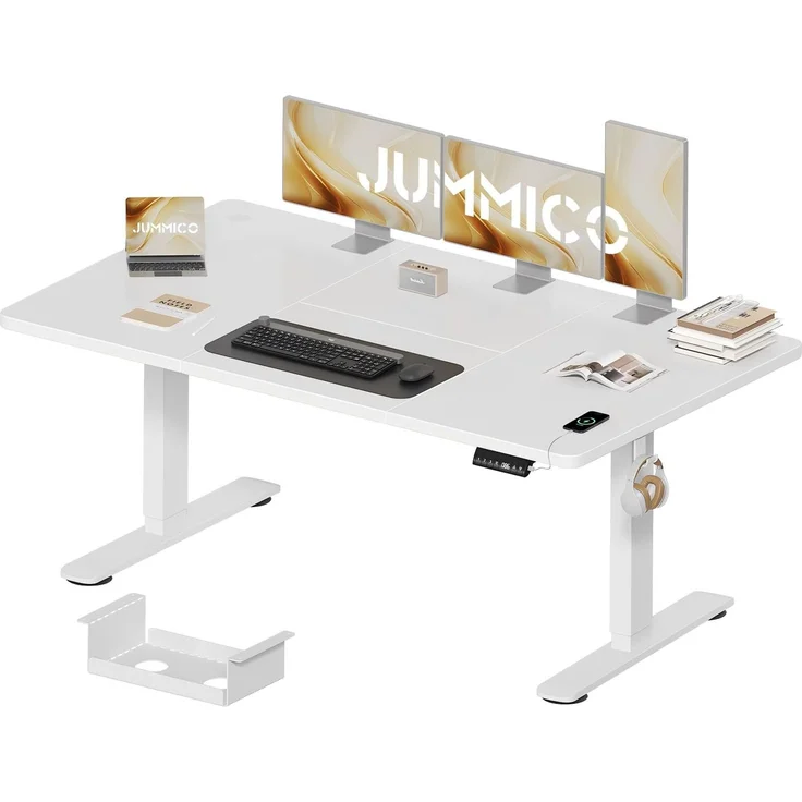 JUMMICO Schreibtisch elektrisch höhenverstellbar mit Kabelwanne & USB-Buchse, Weiß, 160x80 cm