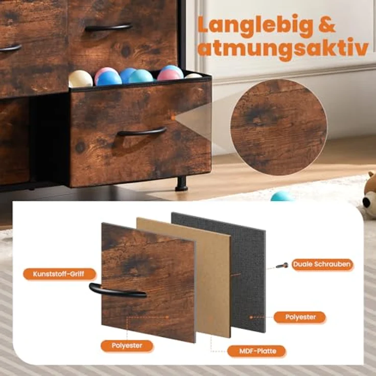 Sweetcrispy Kommode,Sideboard Wohnzimmer für Schlafzimmer mit 8 Stoffschubladen,Einstellbare Füße Schubladenschrank,Schwarzbraun – Bild 5
