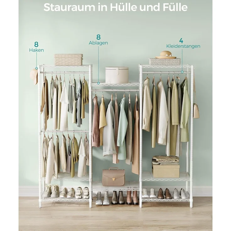 SONGMICS Kleiderständer, offener Kleiderschrank, Garderobe aus Metall, Garderobenständer mit verstellbaren Ablagen und Kleiderstangen, Haken, hochbelastbar, trennbar, wolkenweiß LGRDE431W01 – Bild 5