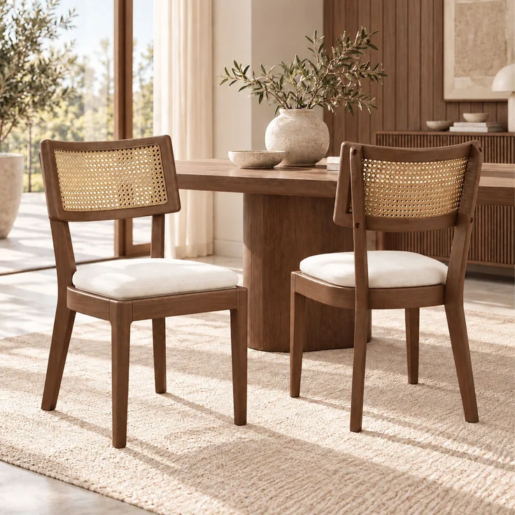 4 Esszimmerstühle aus Massivholz mit Rattan-Rückenlehnen, bequem und atmungsaktiv, geeignet für Esszimmer, Wohnzimmer, Cafés, moderner Stil, Leinen, Walnussholzfarbe und Beige – Bild 3