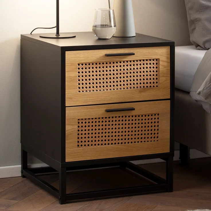 FineBuy Nachtkonsole Schwarz mit Wiener Geflecht 45x45x56 cm Nachttisch Zeitlos, Nachtkommode Boxspringbett mit Schubladen, Nachtkästchen mit Stauraum
