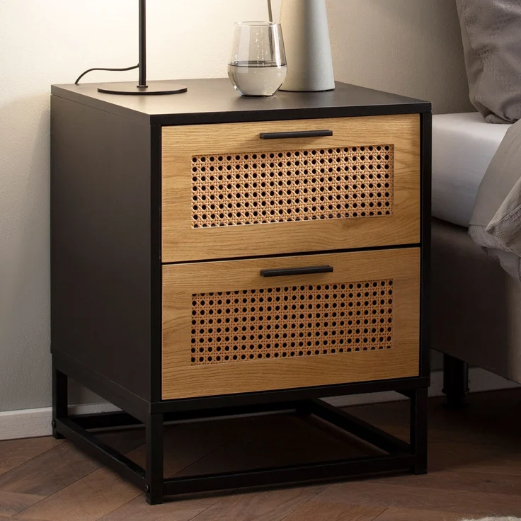 FineBuy Nachtkonsole Schwarz mit Wiener Geflecht 45x45x56 cm Nachttisch Zeitlos, Nachtkommode Boxspringbett mit Schubladen, Nachtkästchen mit Stauraum – Bild 1