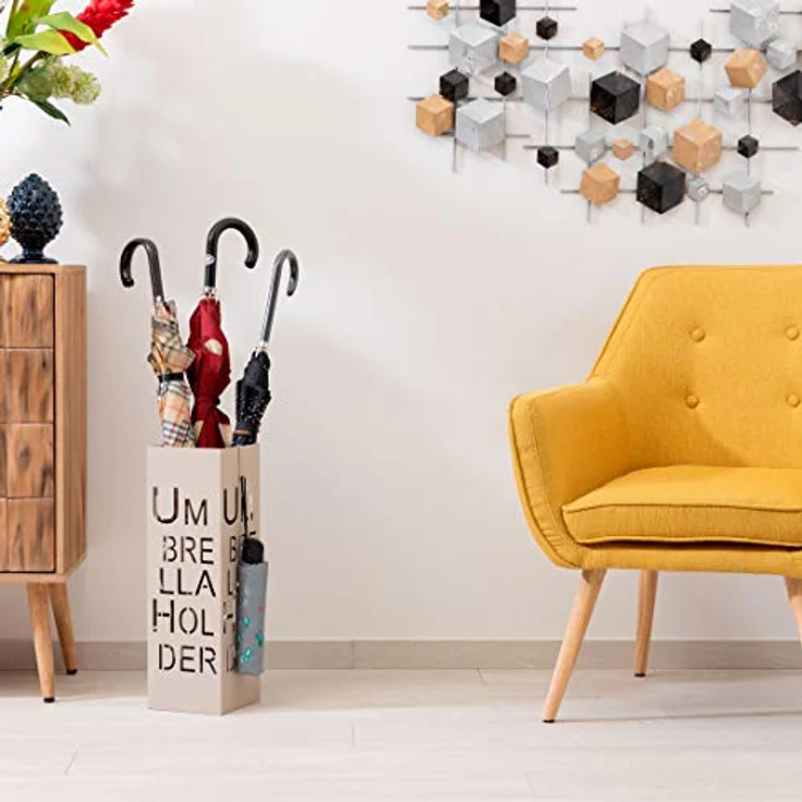 Baroni Home Schirmständer mit modernem Design aus Metall mit Umbrella Schnitzerei - taubengrauer Schirmständer mit Haken und abnehmbarem Auffangfach für Heim- und Bürodekoration 15,5 x 15 x 49 cm – Bild 6