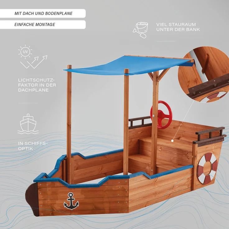 Home Deluxe 'Boot' Sandkasten inkl. Sonnenschutz und Bodenplane, Holz natur / blau, 103 x 78 x 160 cm – Bild 5