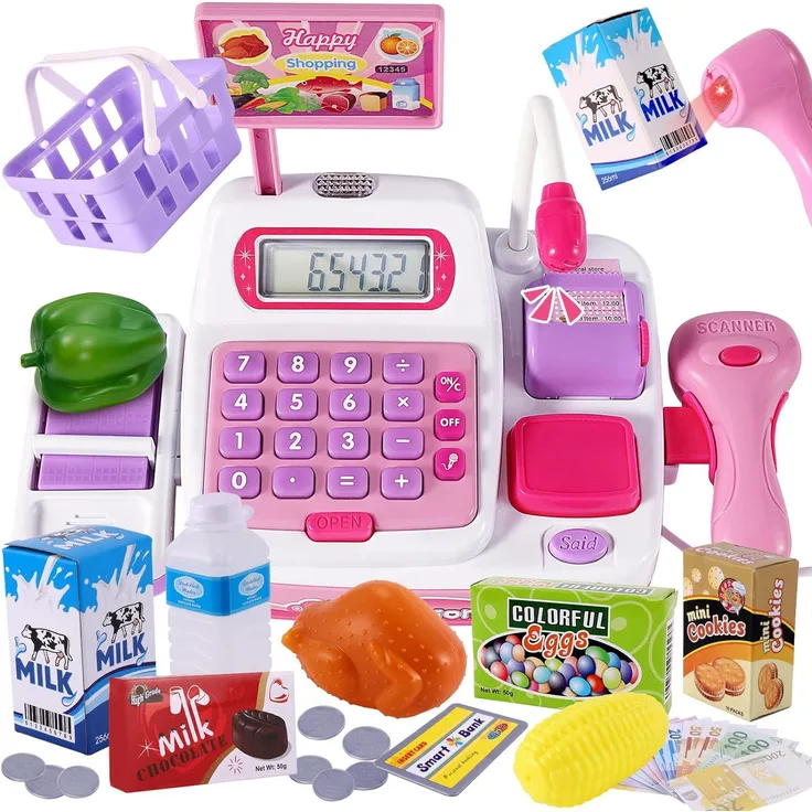 BUYGER 34 Stück Elektronische Kasse Spielzeug Supermarkt Registrierkasse mit Scanner Mikrofon Kaufladen Zubehör Rollenspiel Spielzeug für Mädchen Jungen ab 3 Jahre (Rosa), 25*12*16 cm