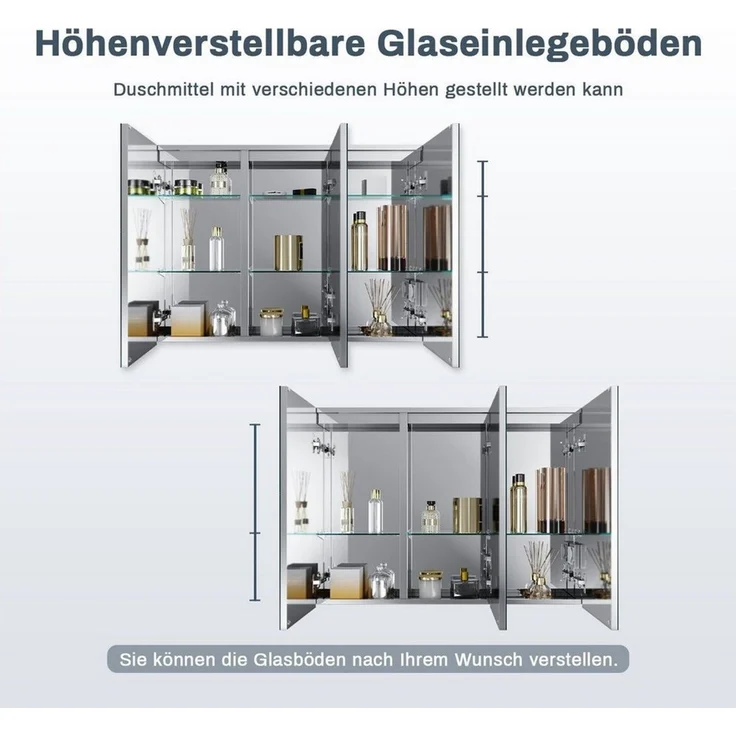 SONNI Spiegelschrank Spiegelschrank 3-türig bad mit led 90 cm breit Edelstahl mit Kippschalter, Steckdose, verstellbare Einlegeböden,IP44 – Bild 4