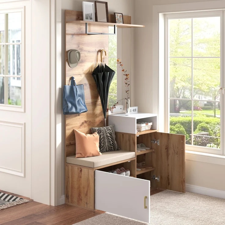 Garderobe Schuhschrank Flurmöbel 105 cm Weiß Holz - Mit Spiegel, Sitzbank, Haken & Stange, höhenverstellbar – Bild 6